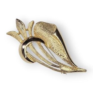 Vintage Flower Spray Brooch Brushed Gold Plate Floral Ribbon Abstract Large 3"